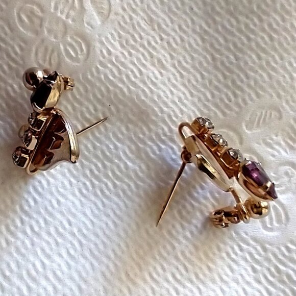 Vintage Brooch Scatter Pins (2) Rhinestones Candle Leaf Design Gold Tone Metal - Picture 5 of 8